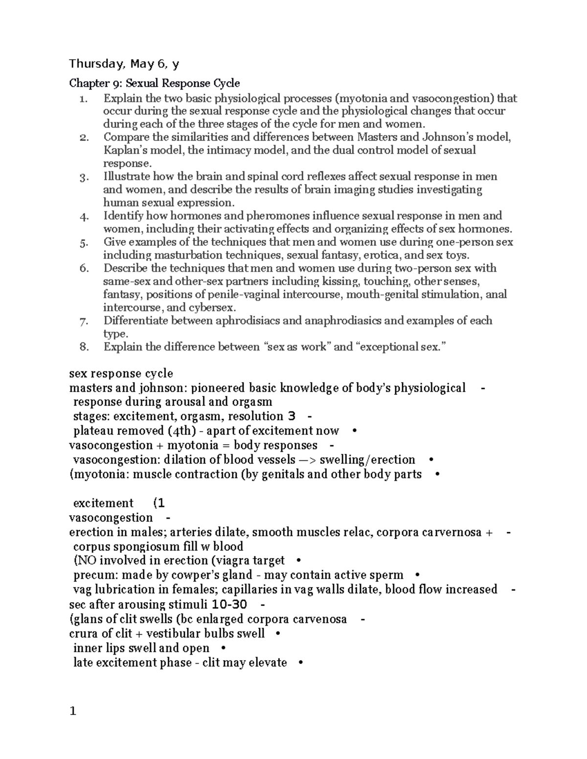 Unit Six Chapter Nine Chapter 9 Sexual Response Cycle 1 Explain