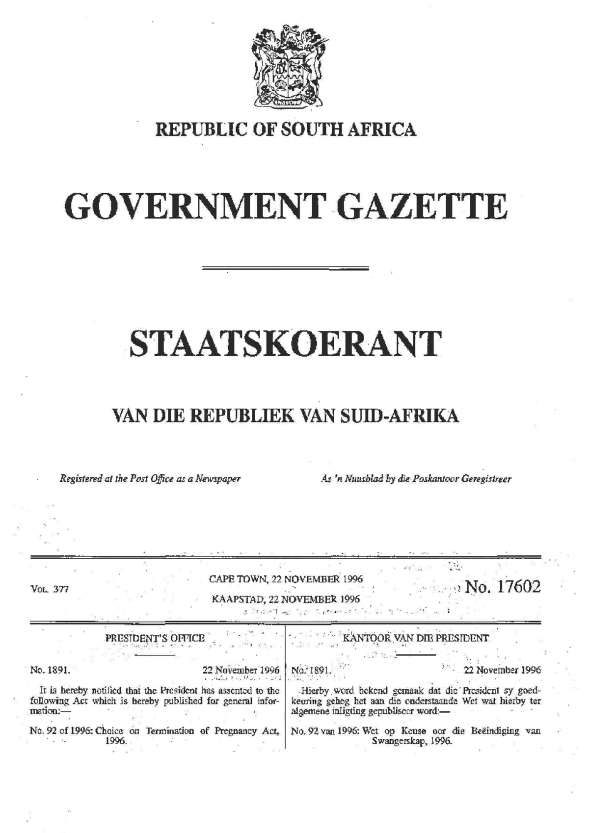 Act92of1996 PRESCRIBED CASE REPUBLIC OF SOUTH AFRICA GOVERNMENT