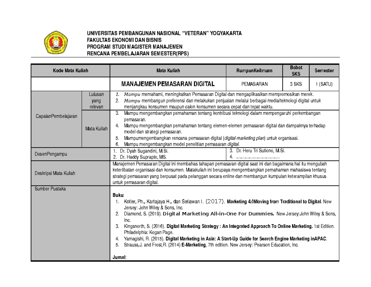 Rencana Pembelajaran Semester (RPS) Digital Marketing: Menggagas Strategi Pemasaran Era Digital di Fakultas Ekonomi