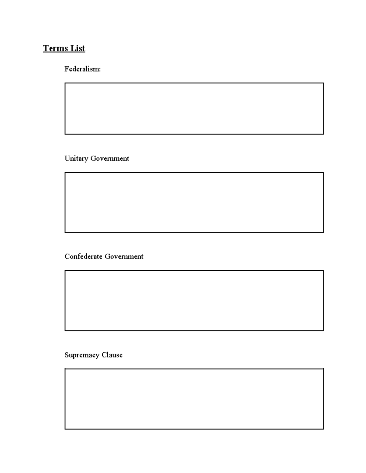 Terms List ap gov unit 2 - Terms List Federalism: Unitary Government ...
