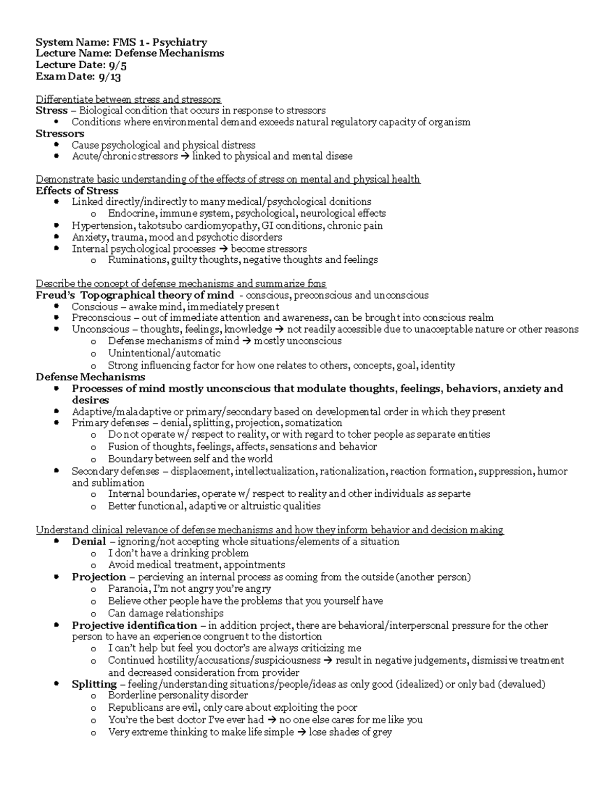 9:5 Defense Mechanisms - System Name: FMS 1 - Psychiatry Lecture Name ...