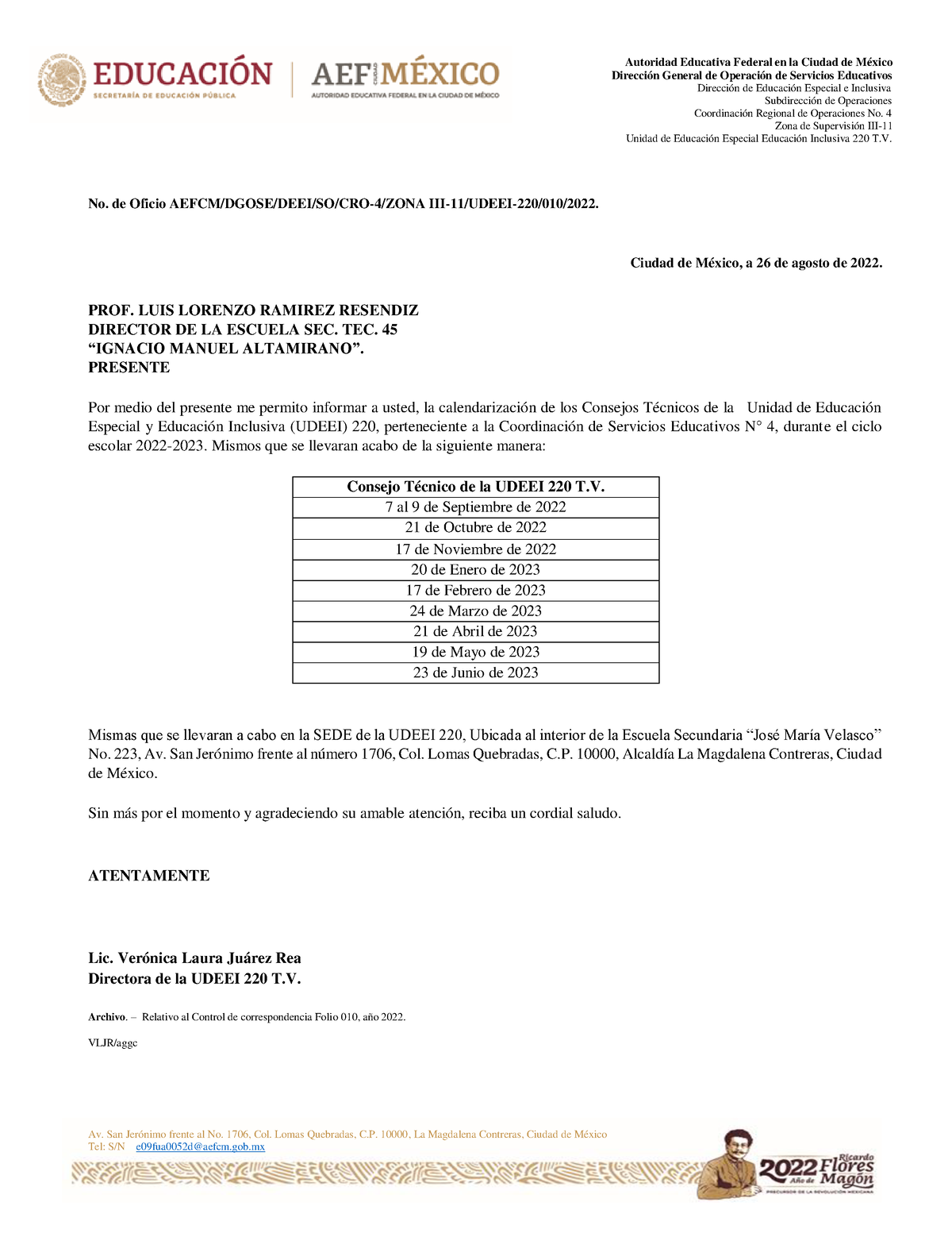 Oficio 010 Fechas DE Consejo Tecnico SEC. TEC. 45 Autoridad Educativa