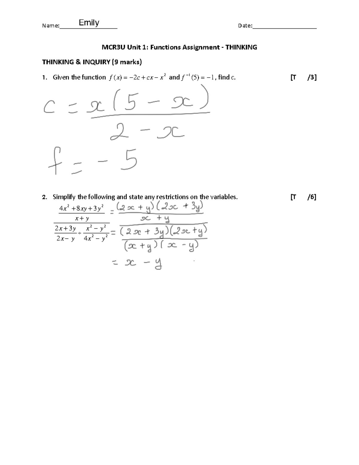 MCR3U Unit 1 Thinking - Practice - MBF101 - Name: Emily Date: MCR3U ...