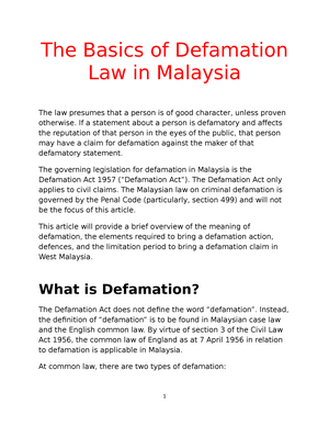 The Basics Of Defamation Law In Malaysia Studocu