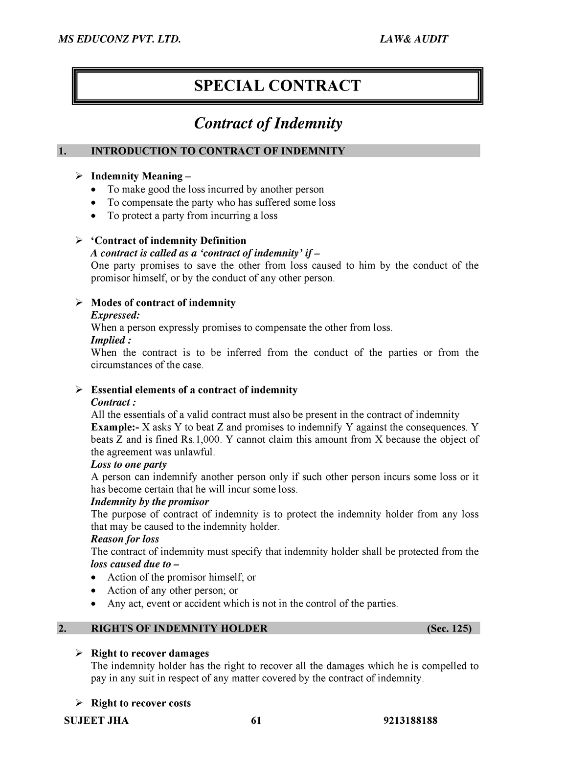 Special contract - notes - SPECIAL CONTRACT Contract of Indemnity 1 ...