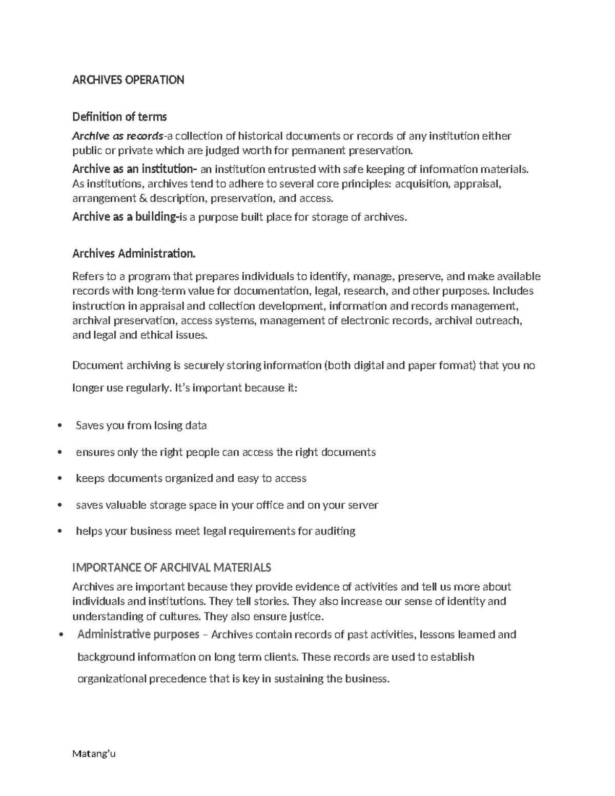 Archives Operation notes - ARCHIVES OPERATION Definition of terms ...