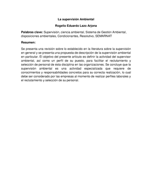 Supervision-ambiental - La supervisión Ambiental Rogelio Eduardo Lazo  Arjona Palabras clave: - Studocu