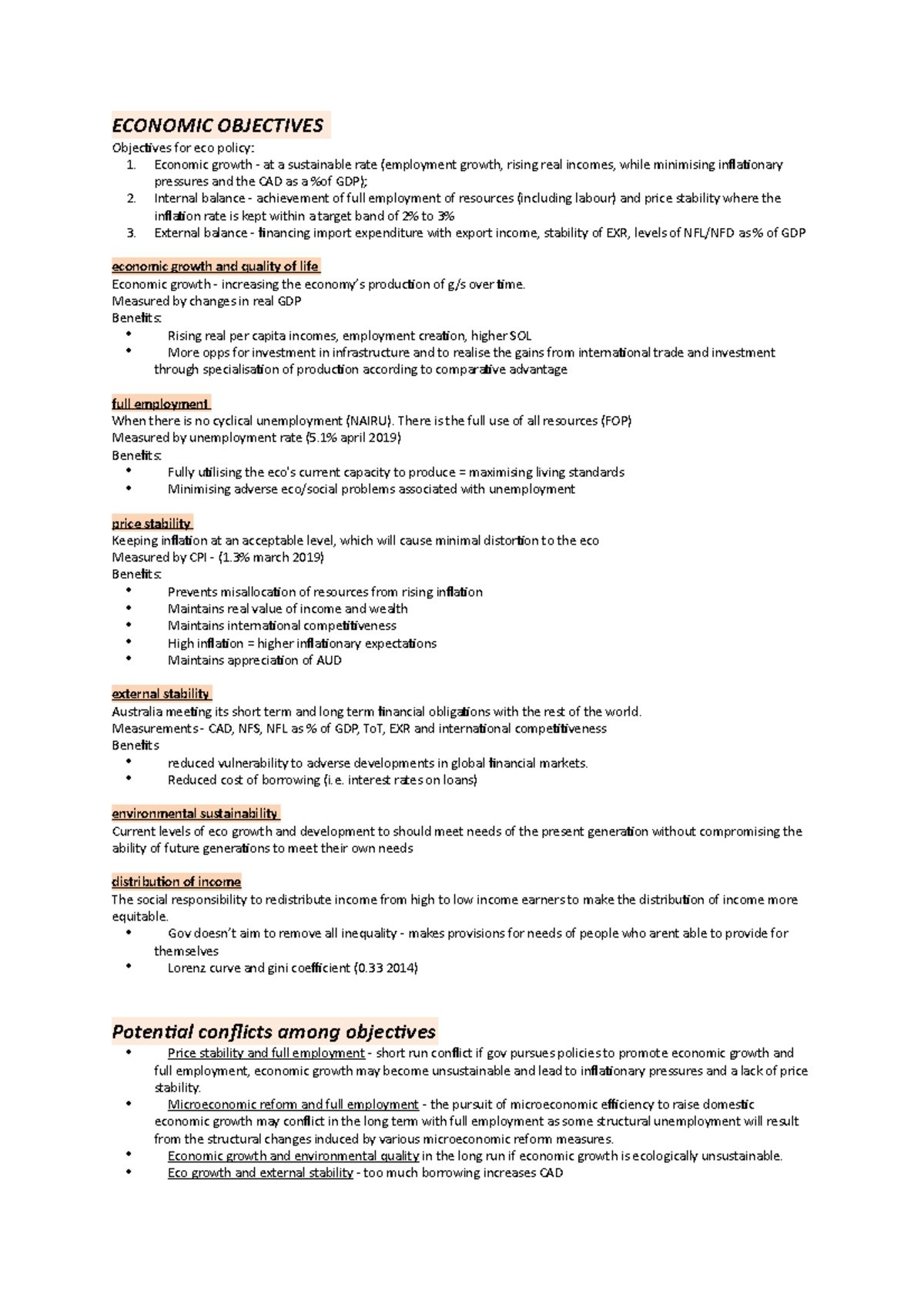 Topic 4 - economic objectives (hsc economics) - ECONOMIC OBJECTIVES