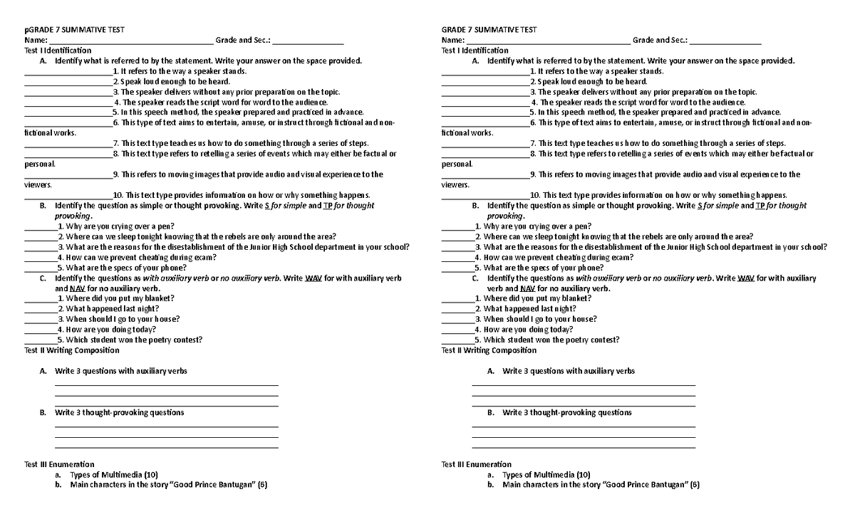 Grade 7 Summative TEST - test - pGRADE 7 SUMMATIVE TEST Name: - Studocu