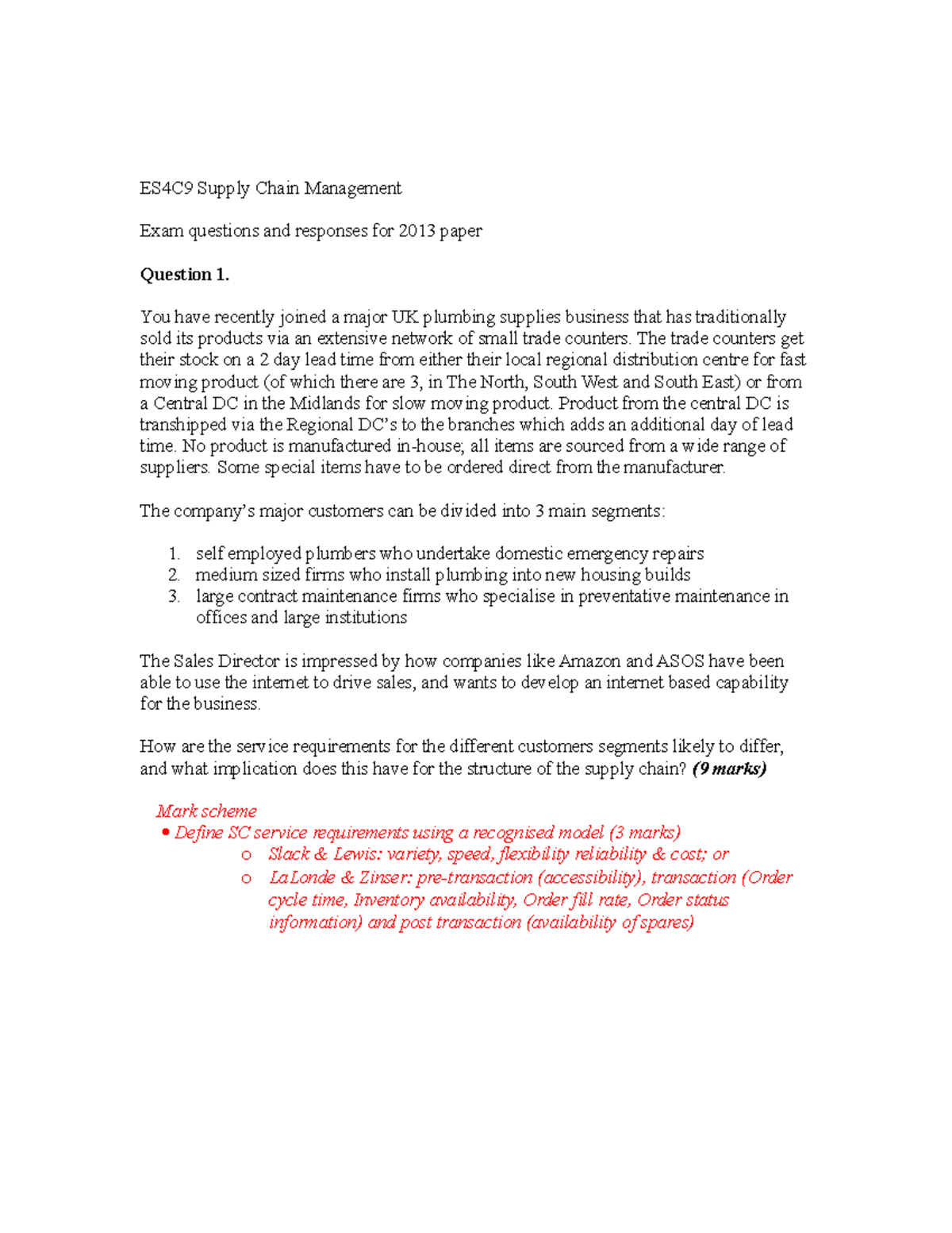 2013 Questions and Answers ES4C9 Supply Chain Management Exam