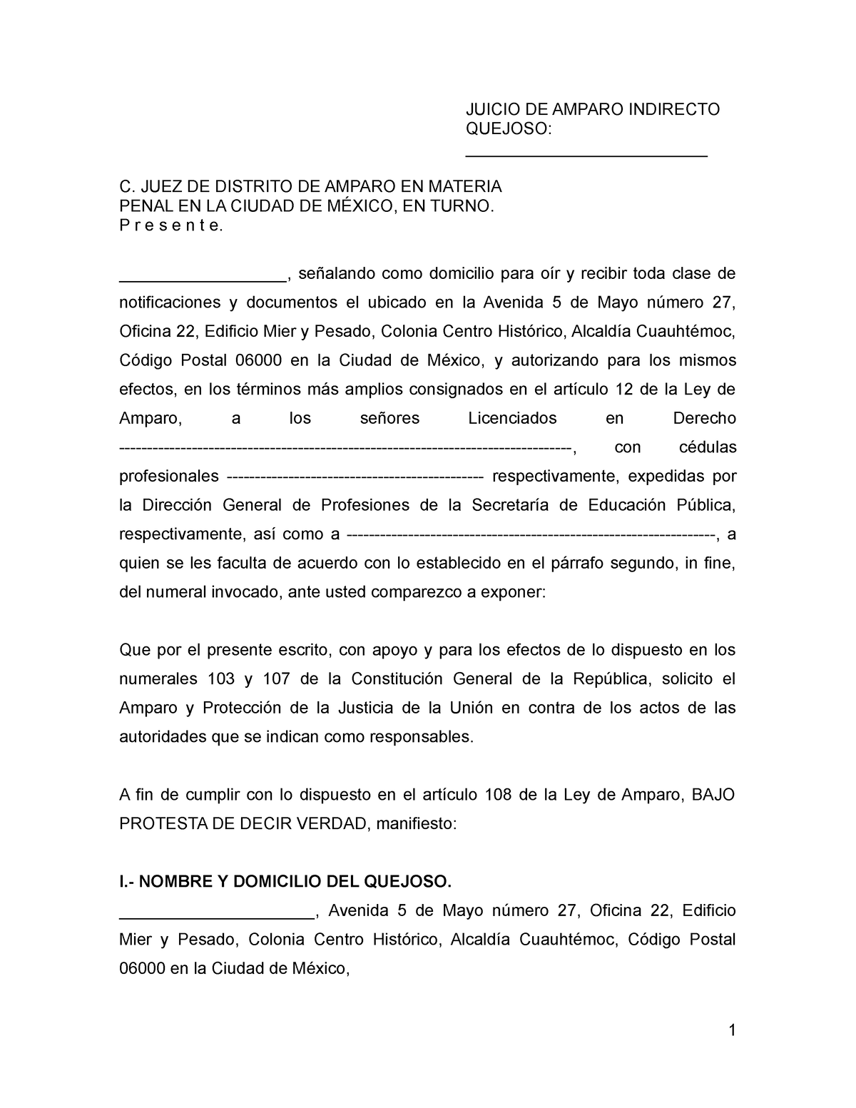 Formato Demanda De Amparo Indirecto Vs Orden De Aprehensión Juicio De Amparo Indirecto Quejoso 0660