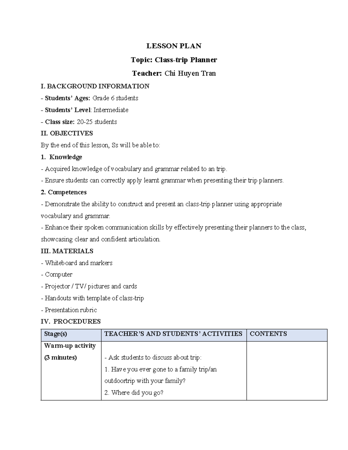 Grade 6 Esl Lesson Plan - Lesson Plan Topic: Class-trip Planner Teacher 