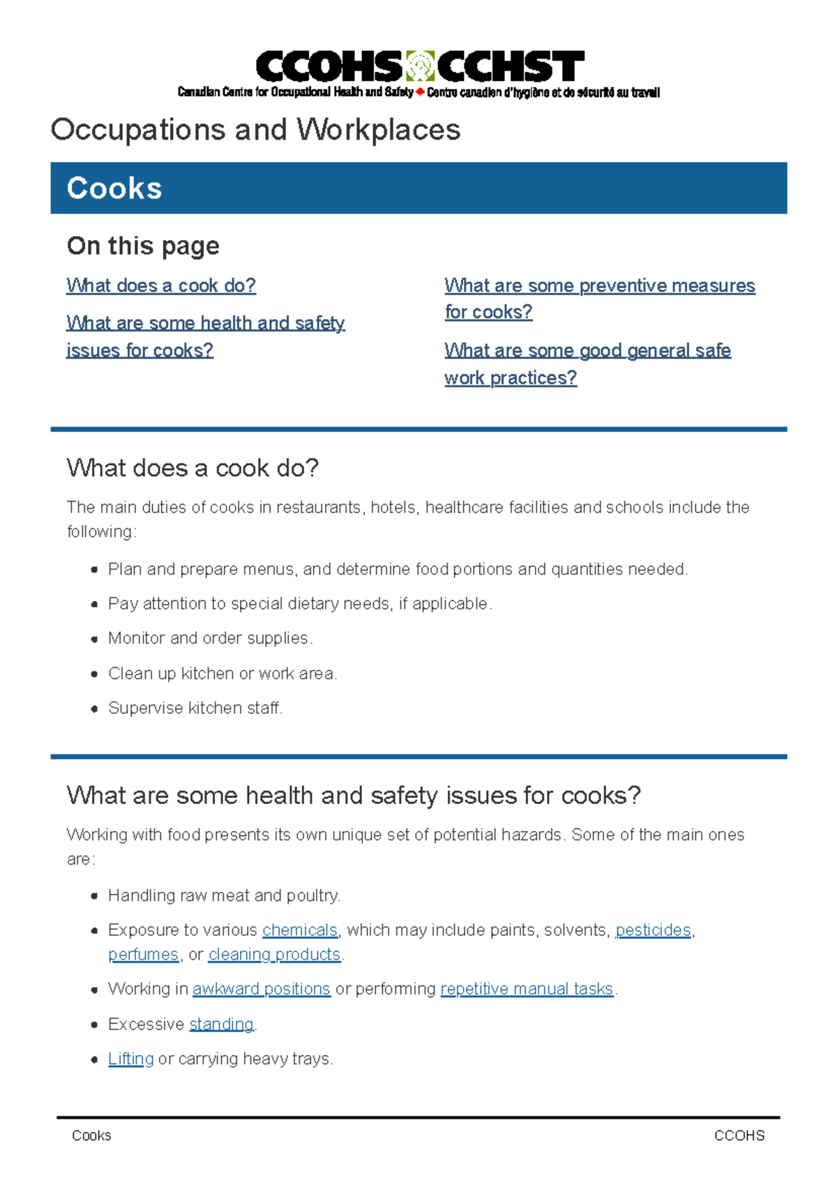 Cooks - Mmghgg - Cooks CCOHS Occupations and Workplaces Cooks On this ...