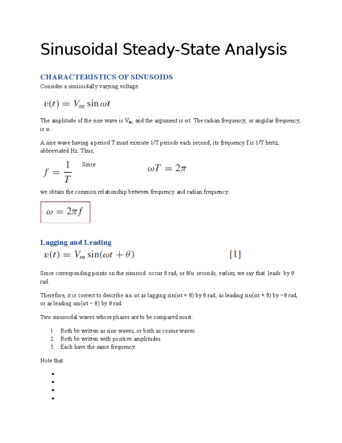 Chapter 10 Notes - Sinusoidal Steady-State Analysis CHARACTERISTICS OF ...