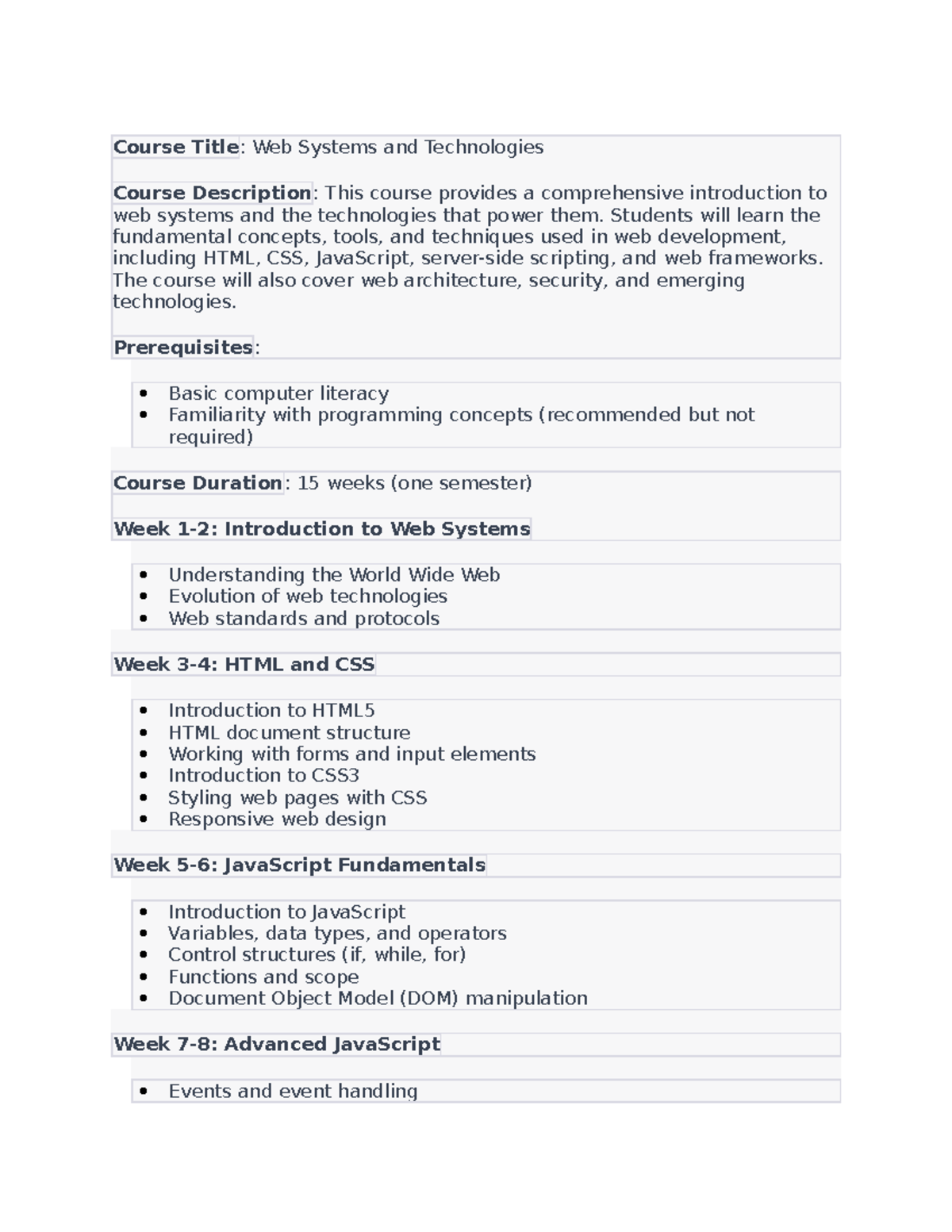 Course Outline - Web Systems and Technologies - Course Title: Web ...