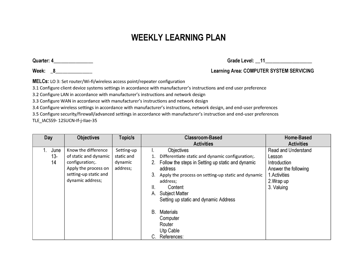 Weekly Learning PLAN Donname Rcado - WEEKLY LEARNING PLAN Quarter: 4 ...