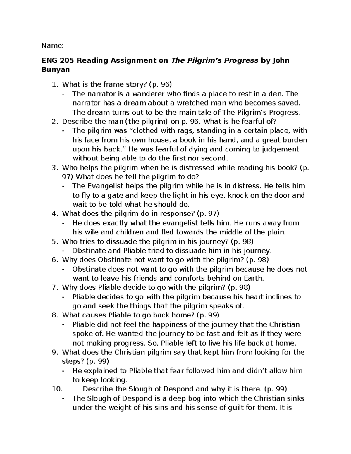The Pilgrims Progress Reading Assignment - Name: ENG 205 Reading ...