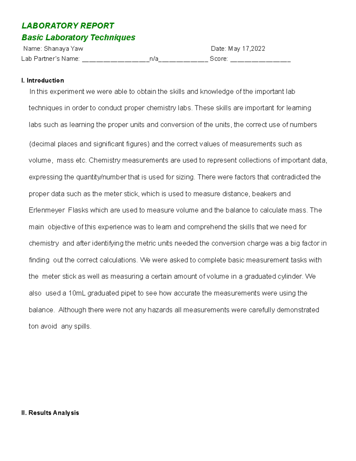 Lab o reprt notes LABORATORY REPORT Basic Laboratory Techniques Name Shanaya Yaw Date May