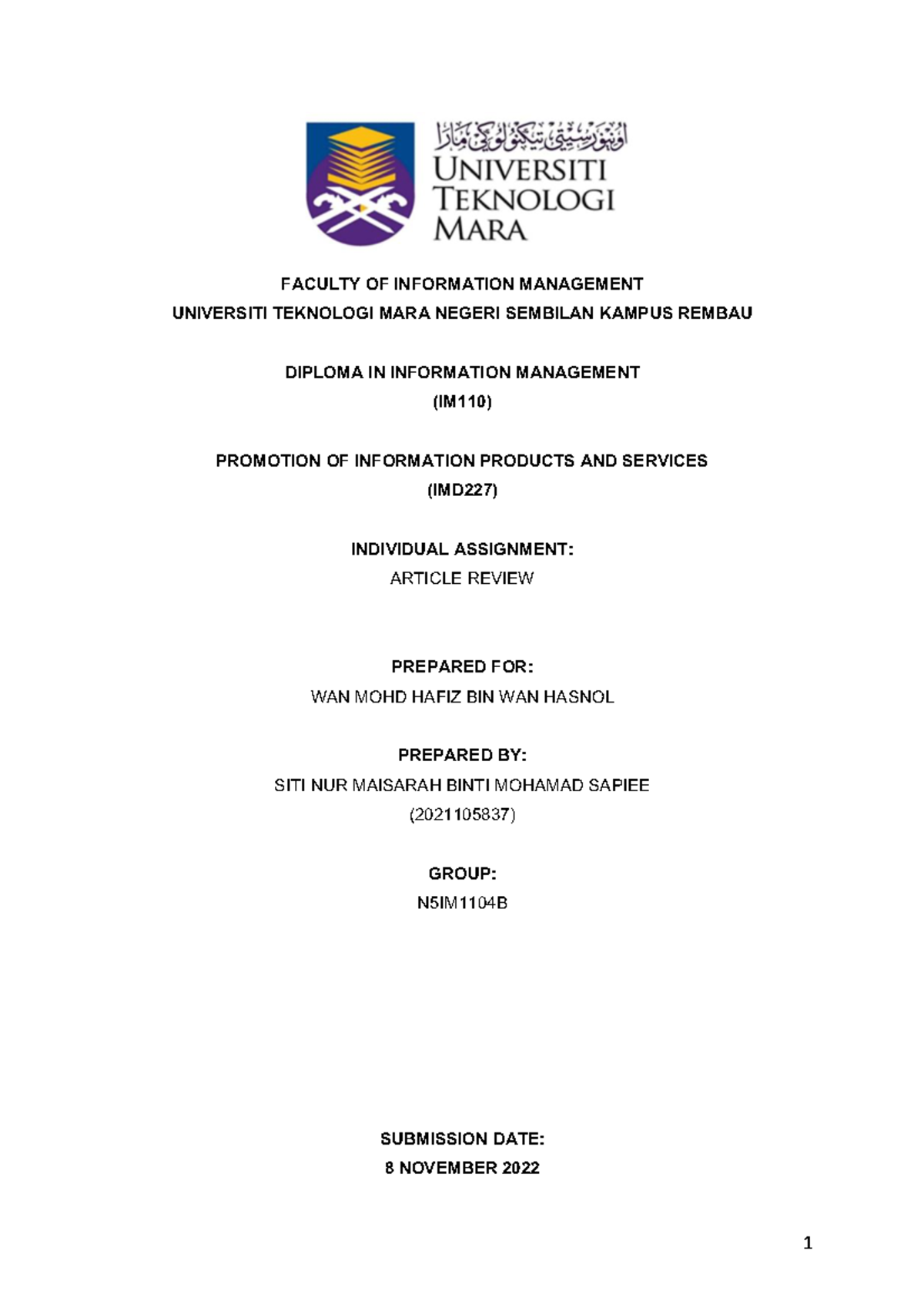 IMD227 IND Assignment - FACULTY OF INFORMATION MANAGEMENT UNIVERSITI ...