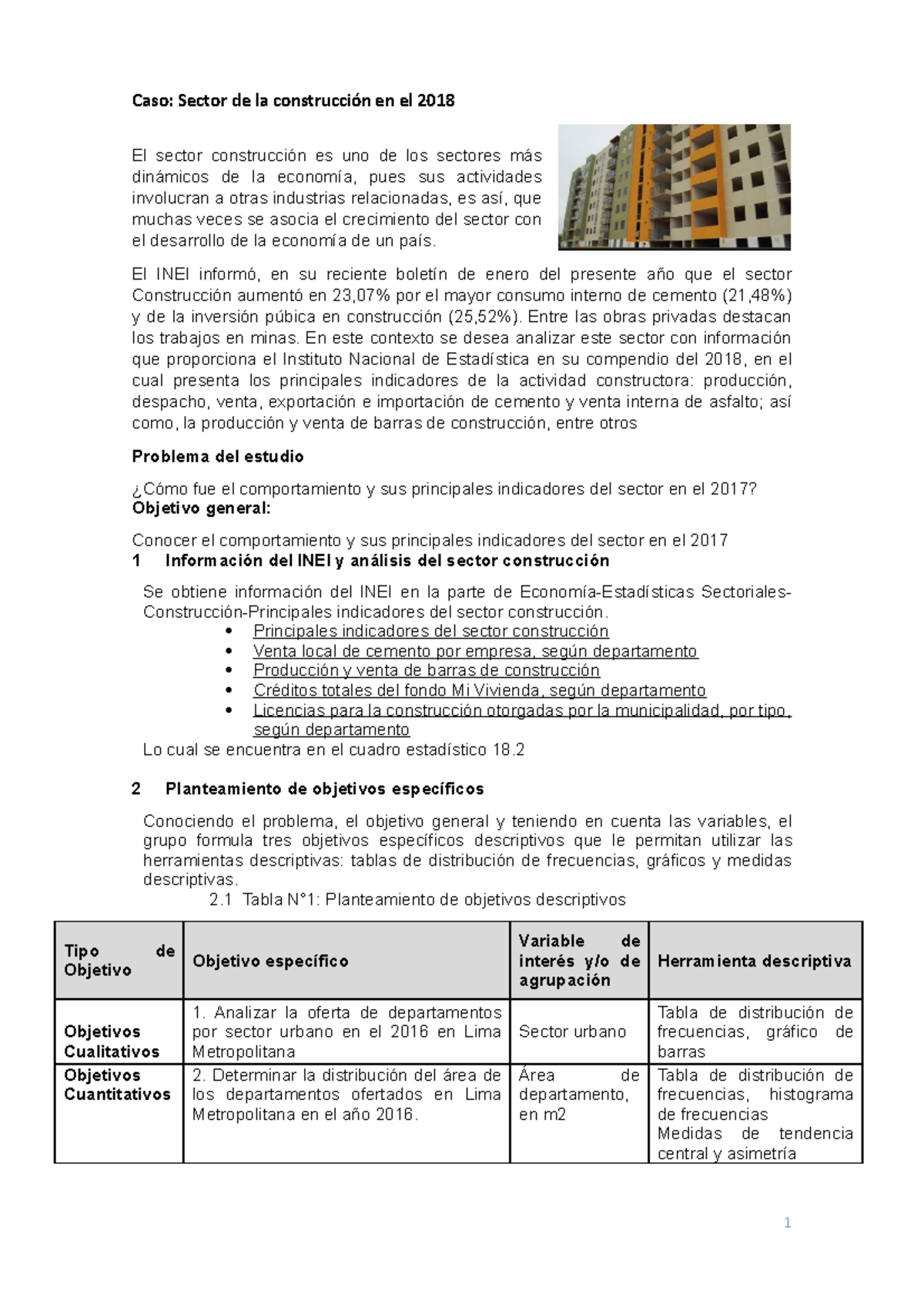 Ejemplo del caso sector de la construcción en el 2018 Caso Sector de