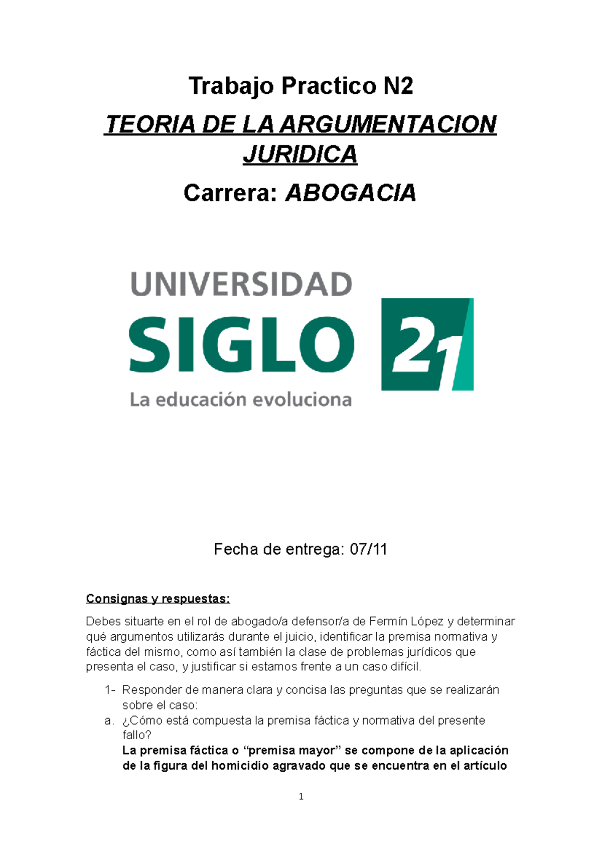 TP2 Teoria De La Argumentacion - Trabajo Practico N TEORIA DE LA ...