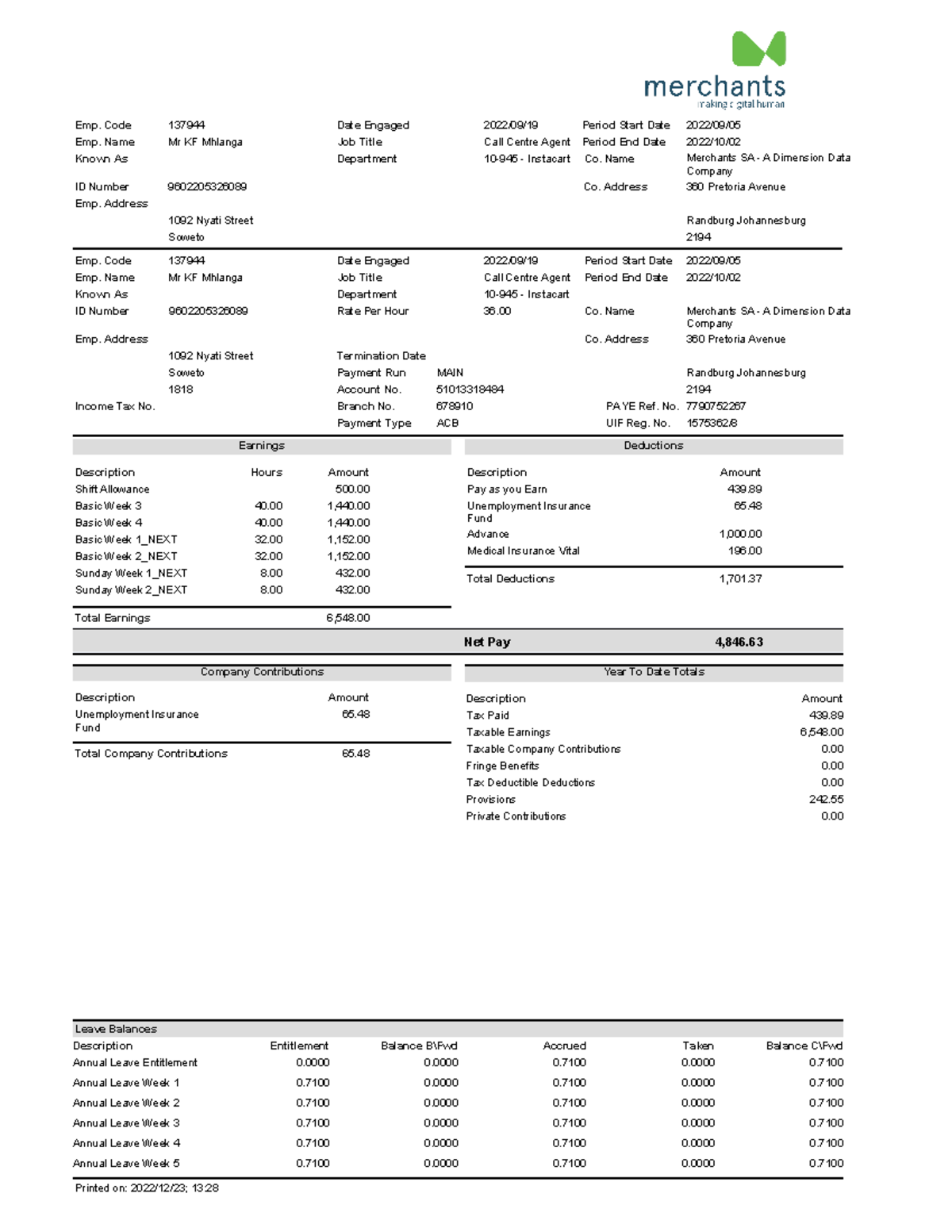 Kgomotso Payslip 3 - Important - Period End Date Rate Per Hour 2022/10 ...