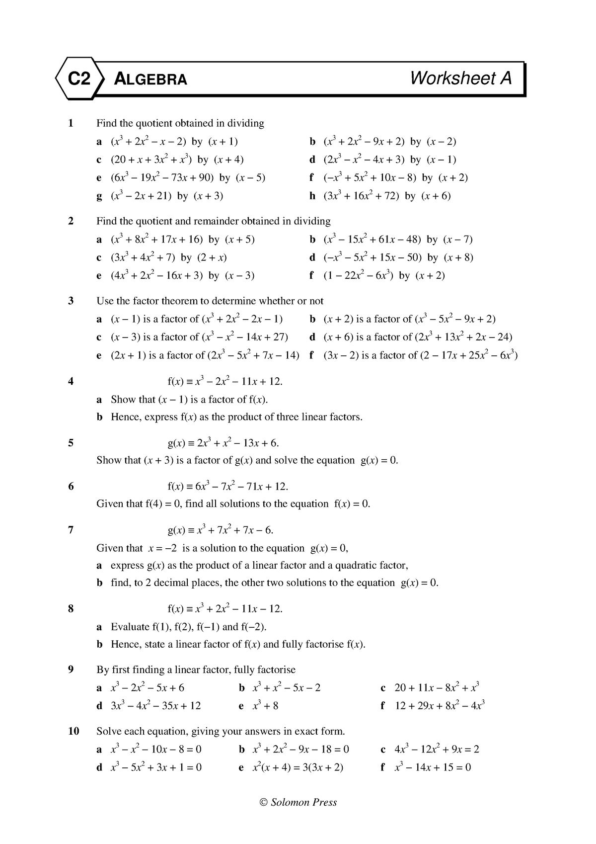 11. Advanced Algebra Extra Worksheet A C2 ALGEBRA Worksheet A 1 Find