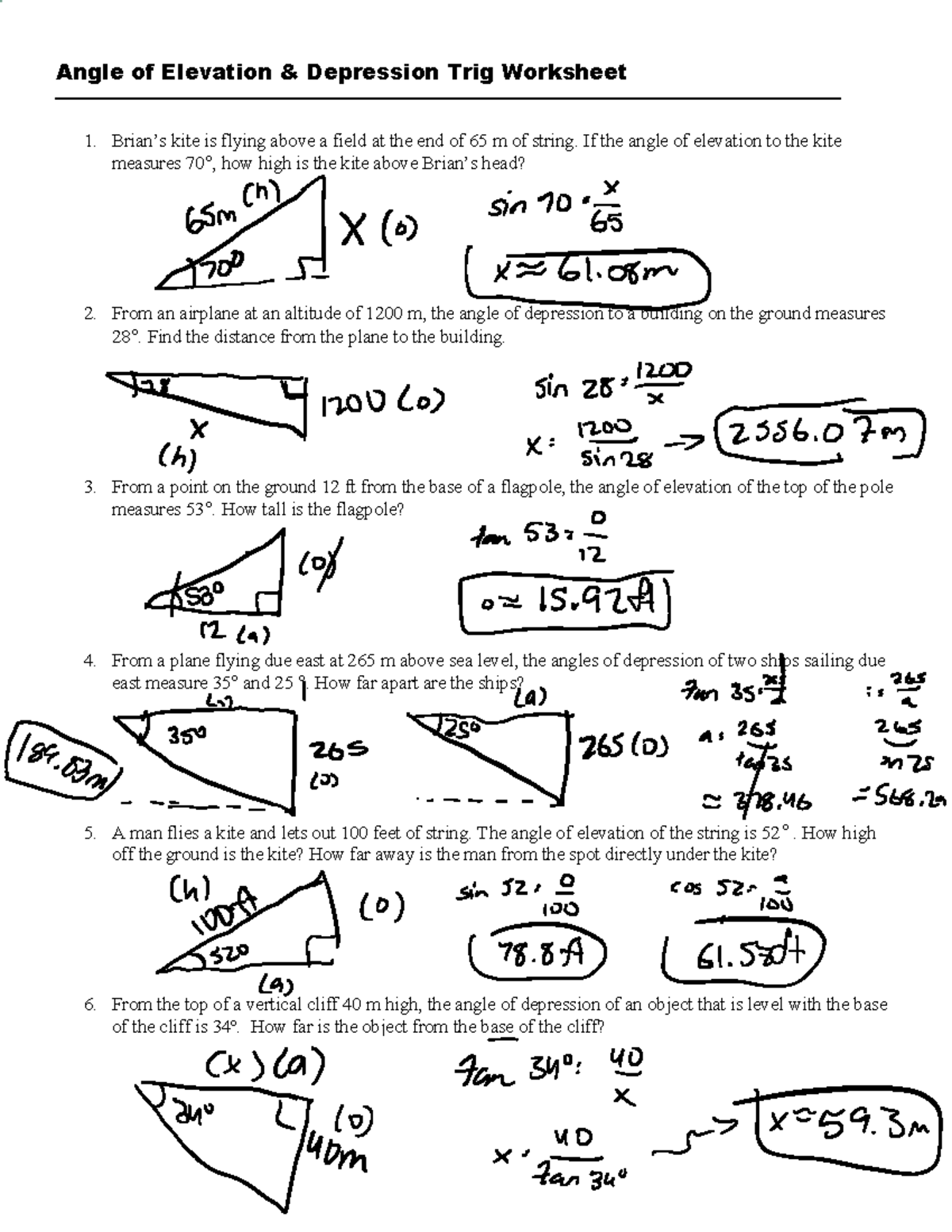 Angles of Elevation and Depression Practice - Angle of Elevation & Depression  Trig Worksheet - Studocu