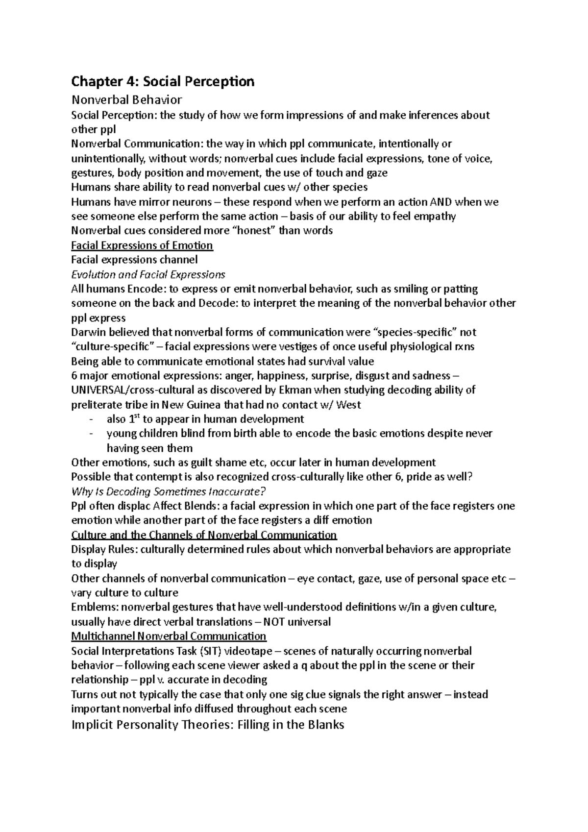 Psych 023 Chapter 4 - notes - Chapter 4: Social Perception Nonverbal ...