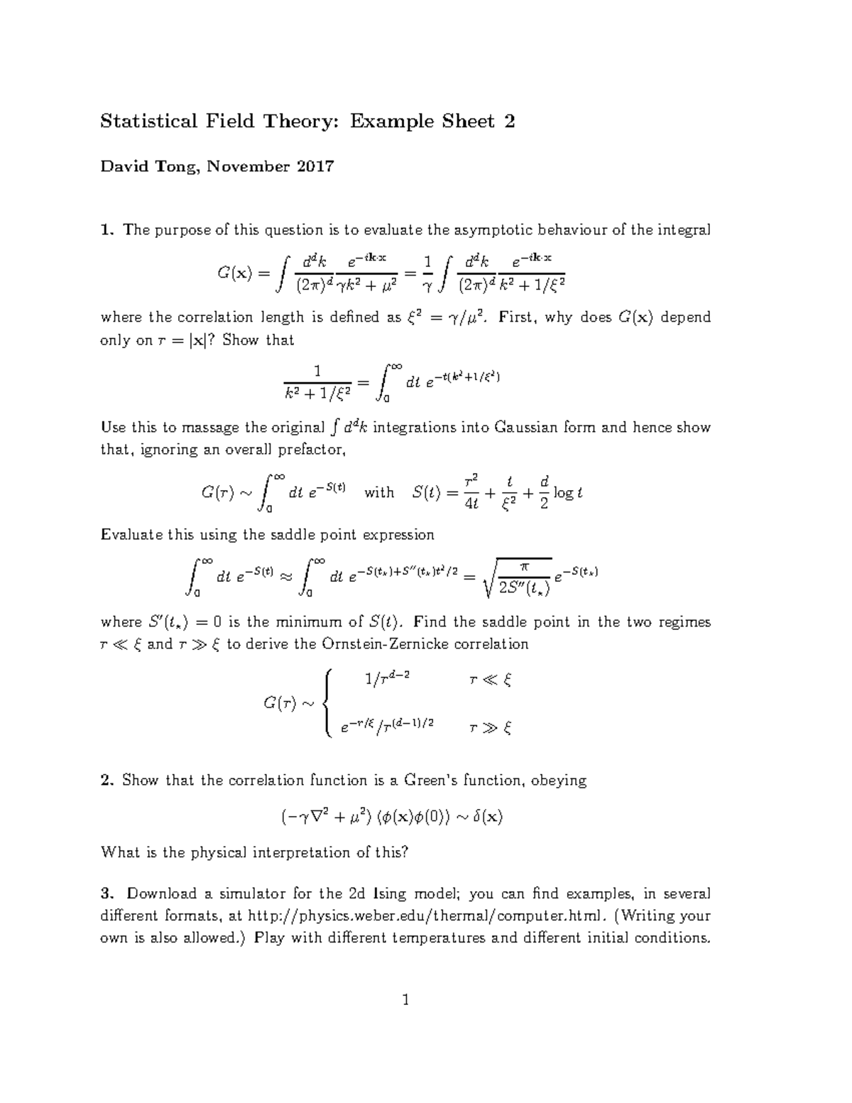 Statistical Field Theory 2017-2018 Example Sheet 2 - Mostly Scaling ...