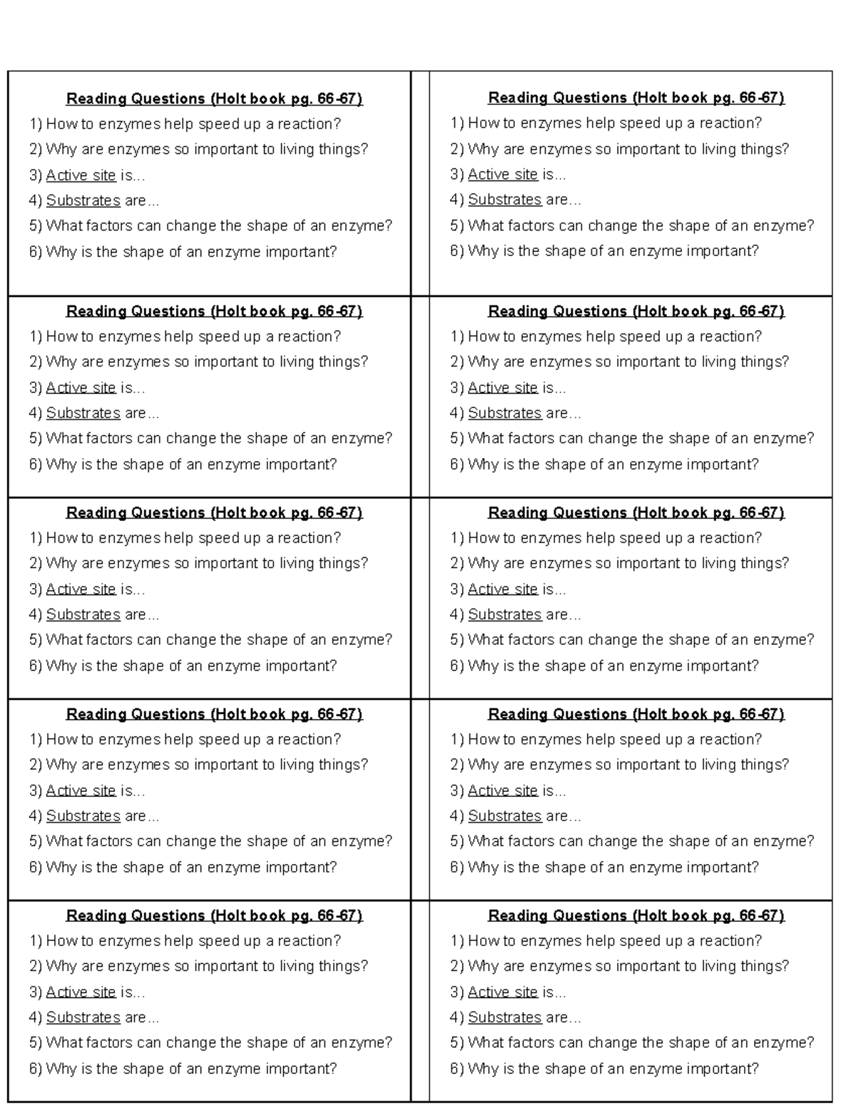 Enzyme Reading Questions Labels Reading Questions (Holt book pg. 66