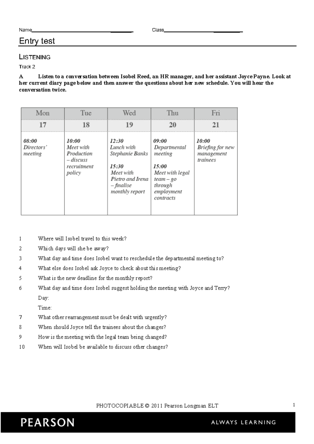 Entry test pdf - Name ________ Class __________ Entry test LISTENING ...