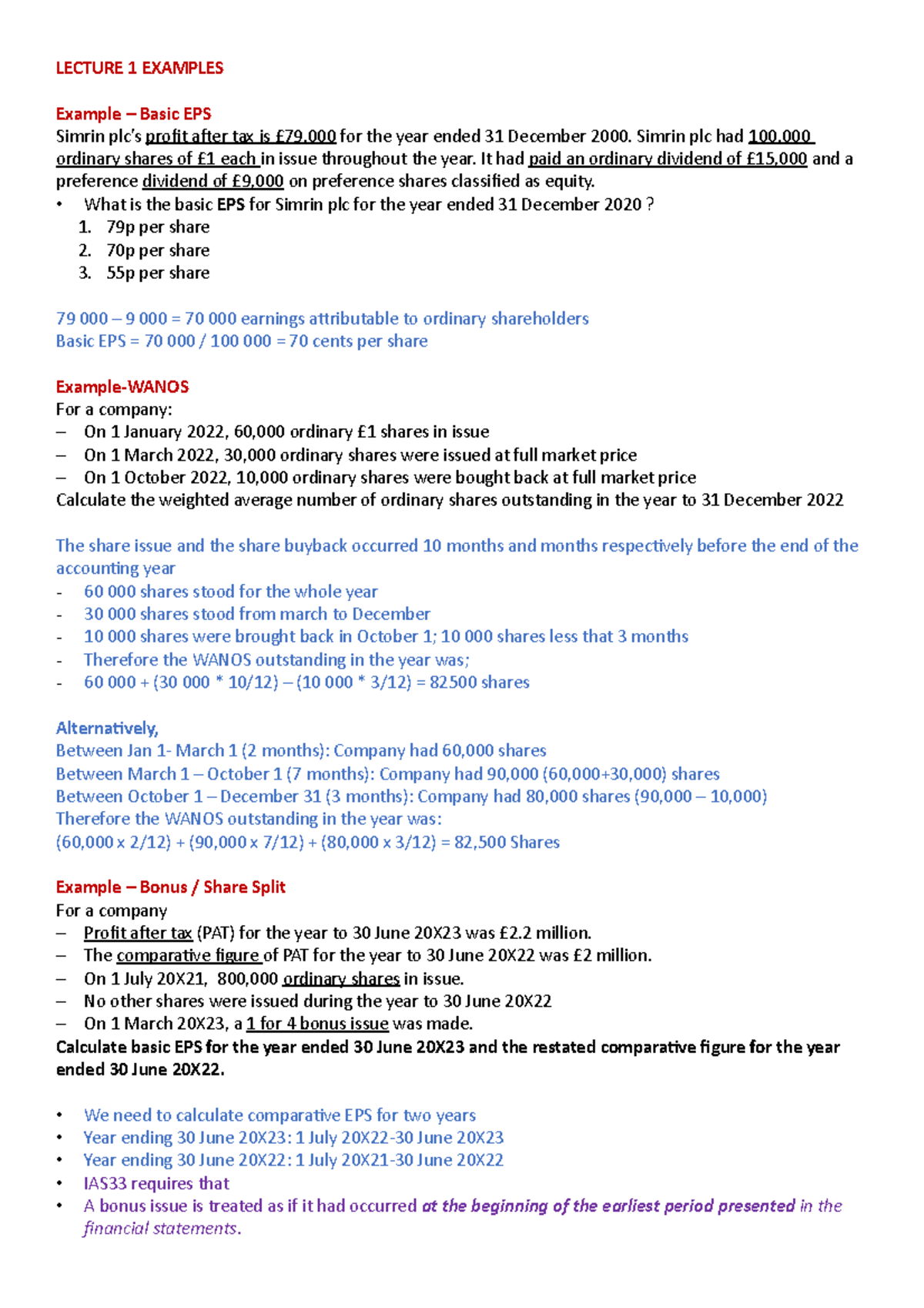 Lecture 1 Examples - LECTURE 1 EXAMPLES Example – Basic EPS Simrin plc ...