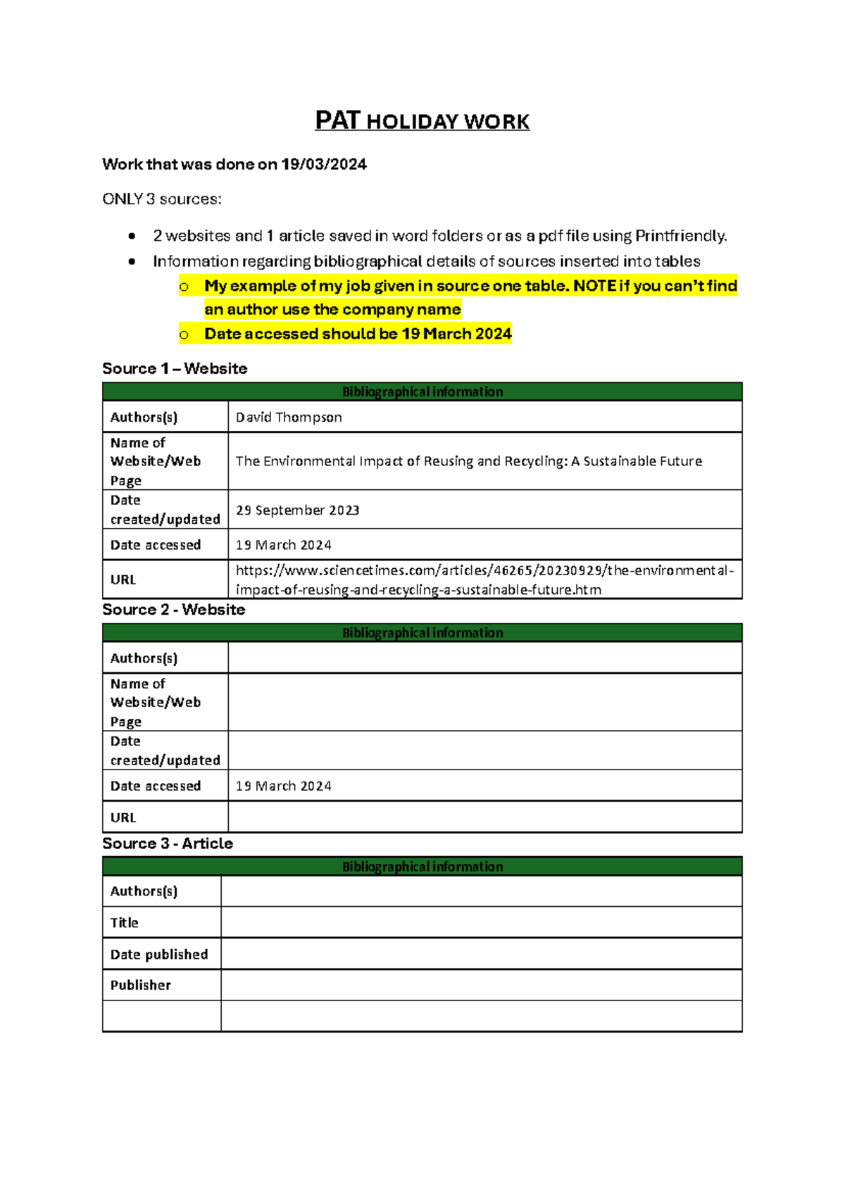 CAT PAT work for end of term - PAT HOLIDAY WORK Work that was done on ...