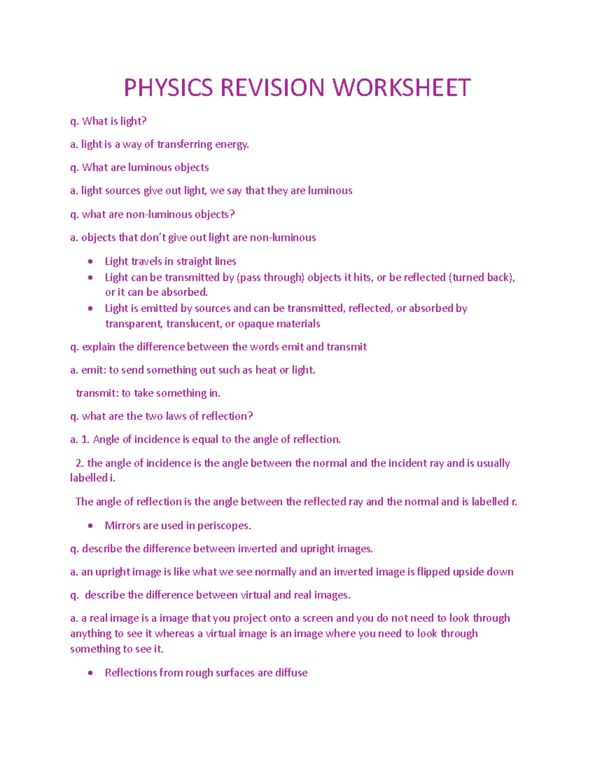 Physics Revision Worksheet (1) - PHYSICS REVISION WORKSHEET q. What is ...