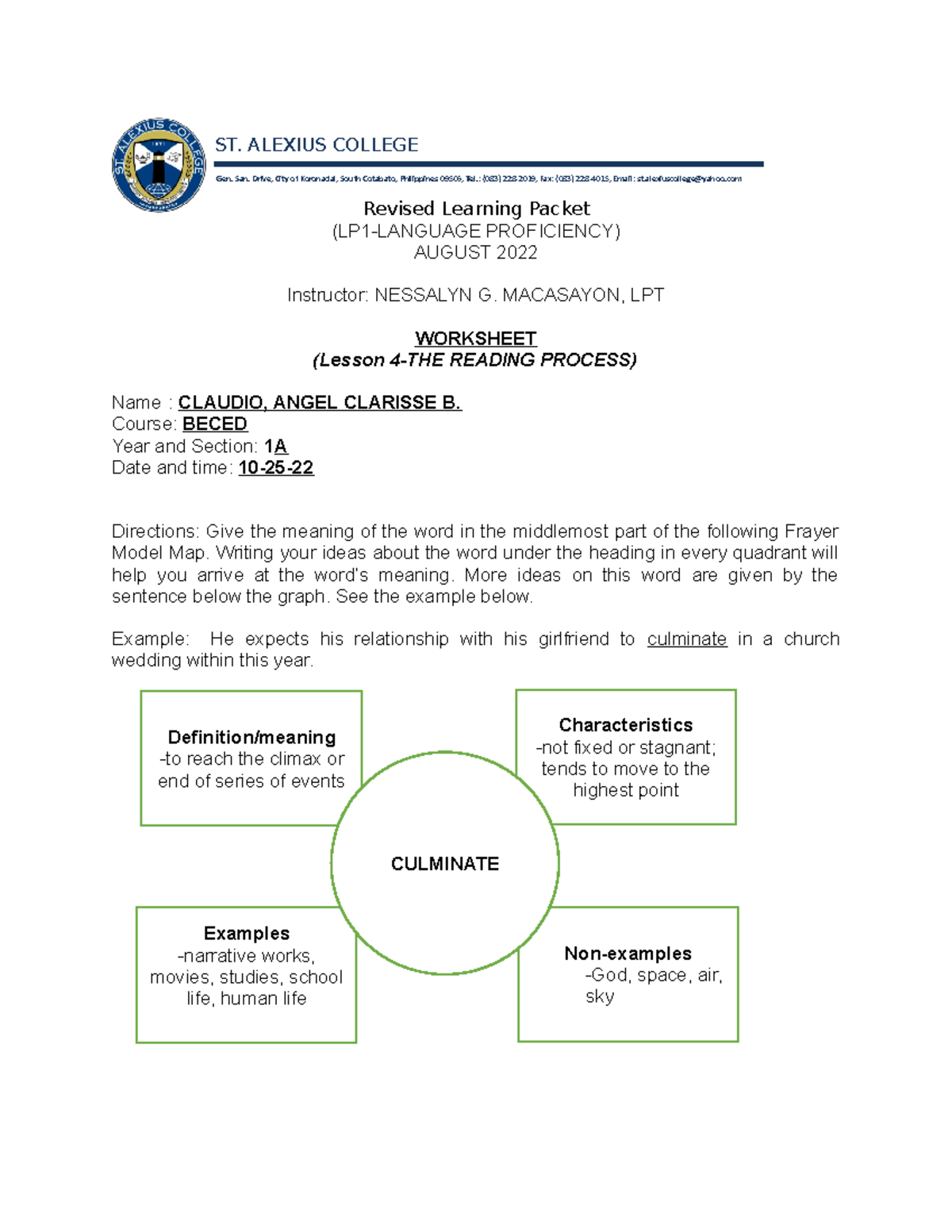 Worksheet ( Lesson 4-THE Reading Process) - ST. ALEXIUS COLLEGE Revised ...