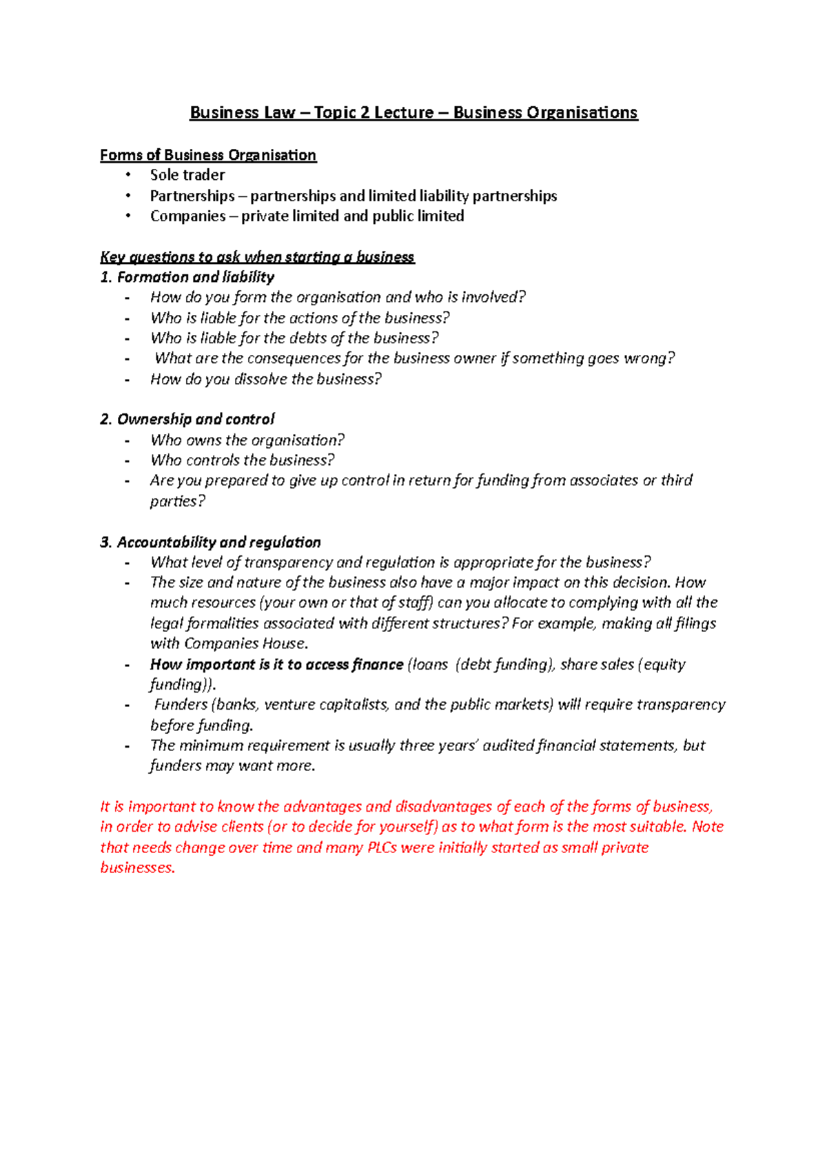 Business Law - Lecture 1 Notes - Business Law – Topic 2 Lecture ...