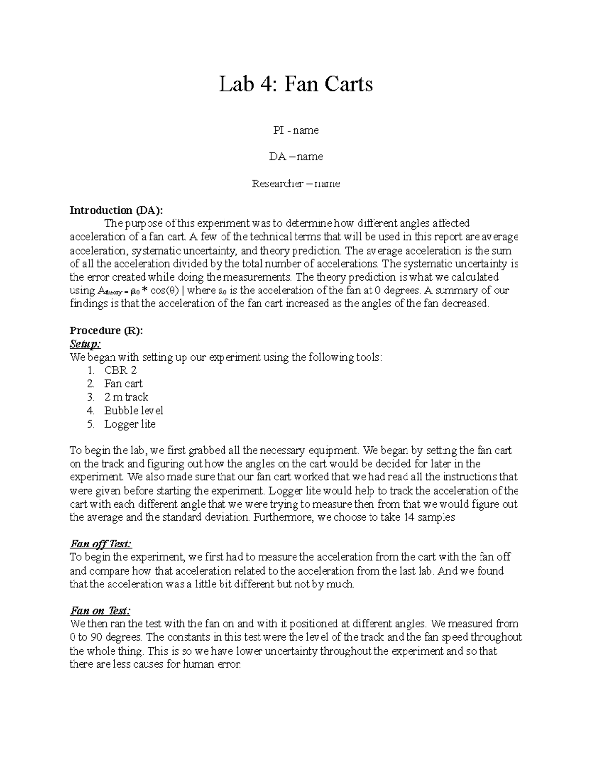 Lab 4 - Lab 4 Report On Fan Carts - Lab 4: Fan Carts PI - Name DA ...