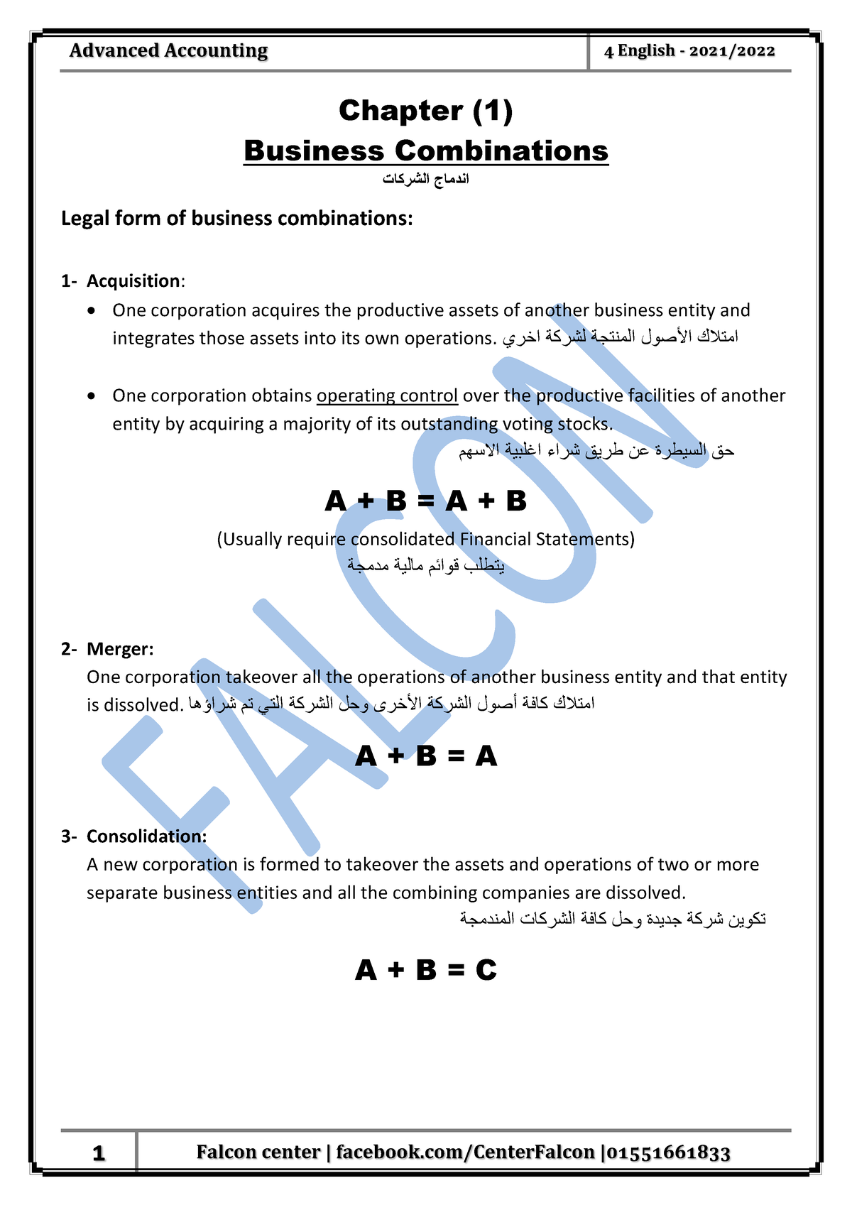 Advanced-1 Lectures Notes - Chapter (1) Business Combinations اج ...