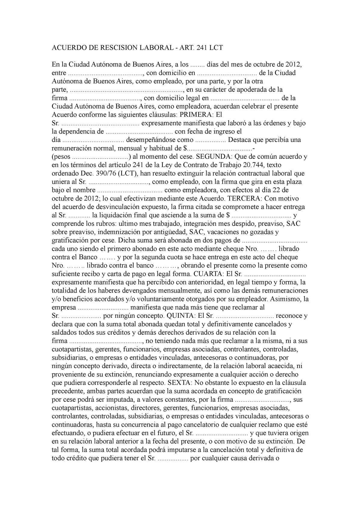 Acuerdo DE Rescision Laboral ART 241 - ACUERDO DE RESCISION LABORAL - ART.  241 LCT En la Ciudad - Studocu