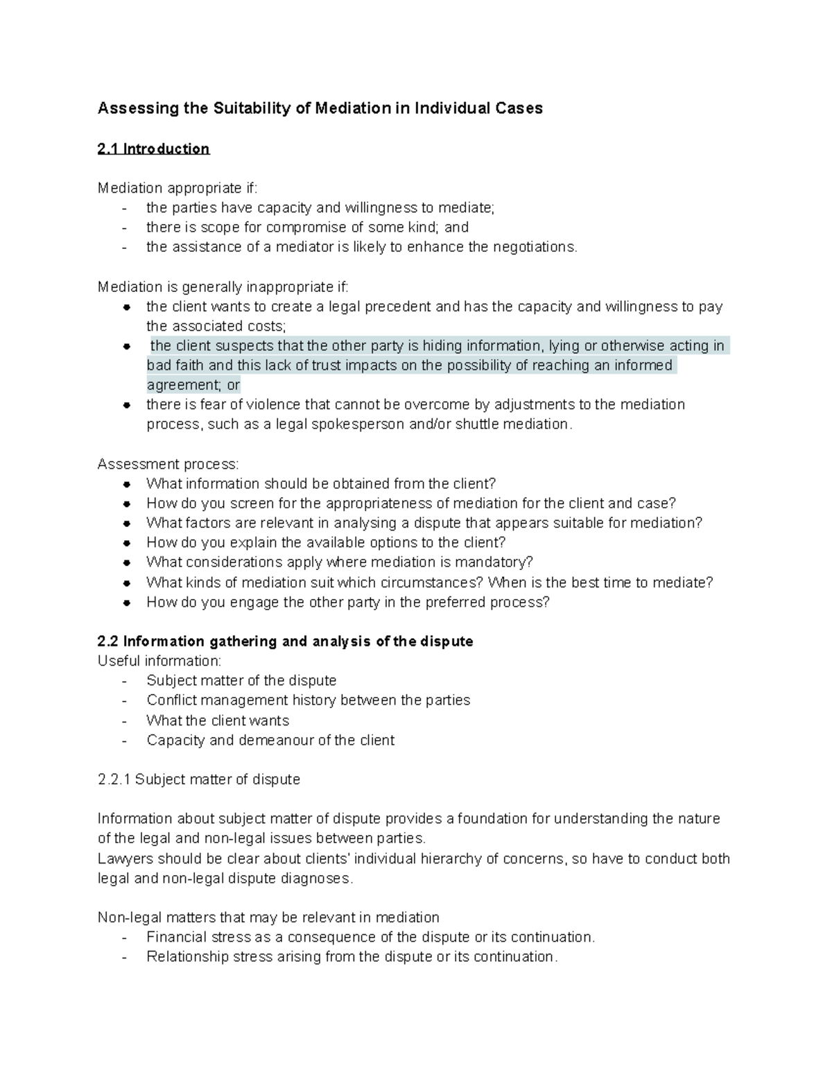 Mediation for Lawyers - Lecture note 2 - Assessing the Suitability of ...