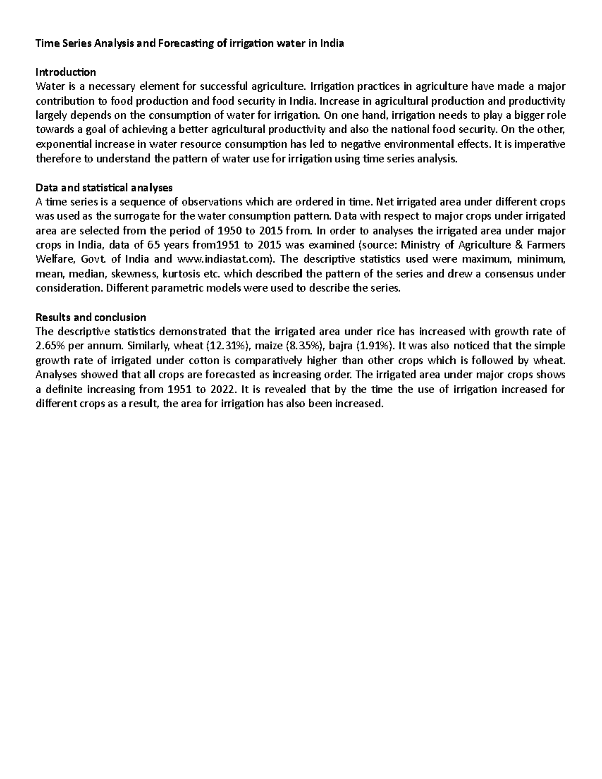 Time Series Analysis and Forecasting of irrigation water in India ...