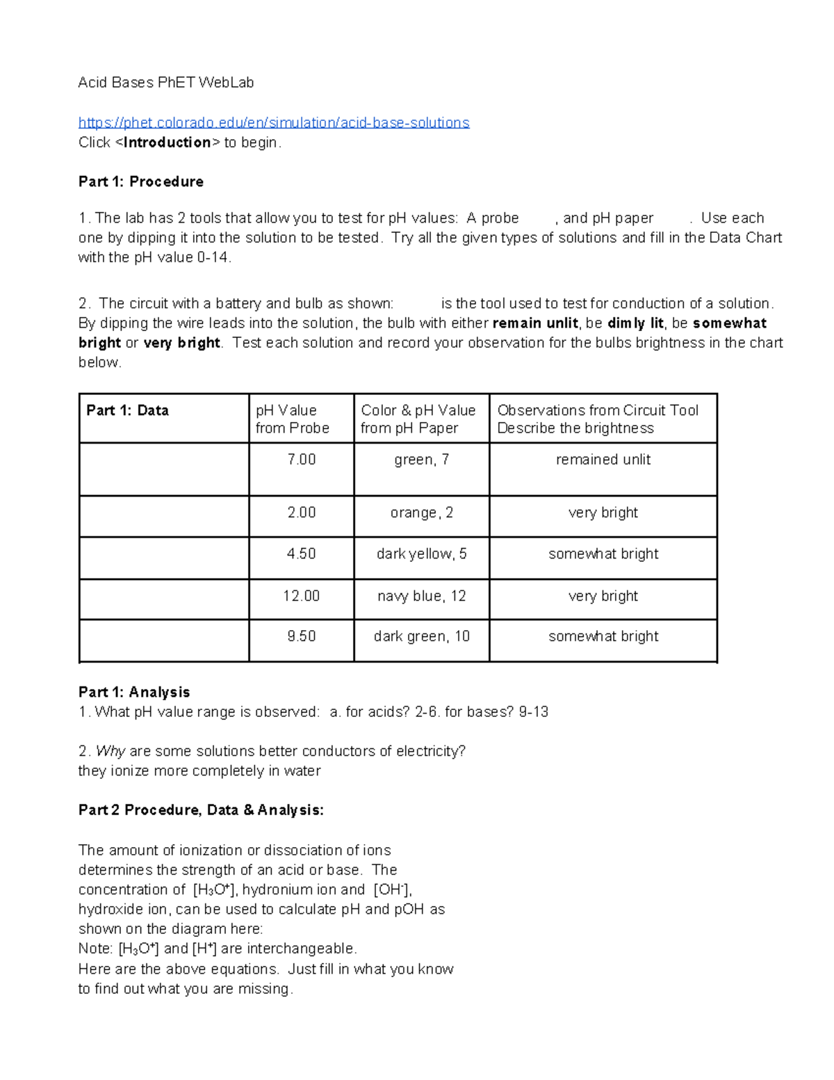 Copy of AcidBase  Lab Ph ET Acid Bases PhET Lab Studocu
