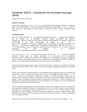 Liquidacion DE Sociedad Conyugal Incidente derecho familia - Incidente:  823/13 - Liquidación de - Studocu