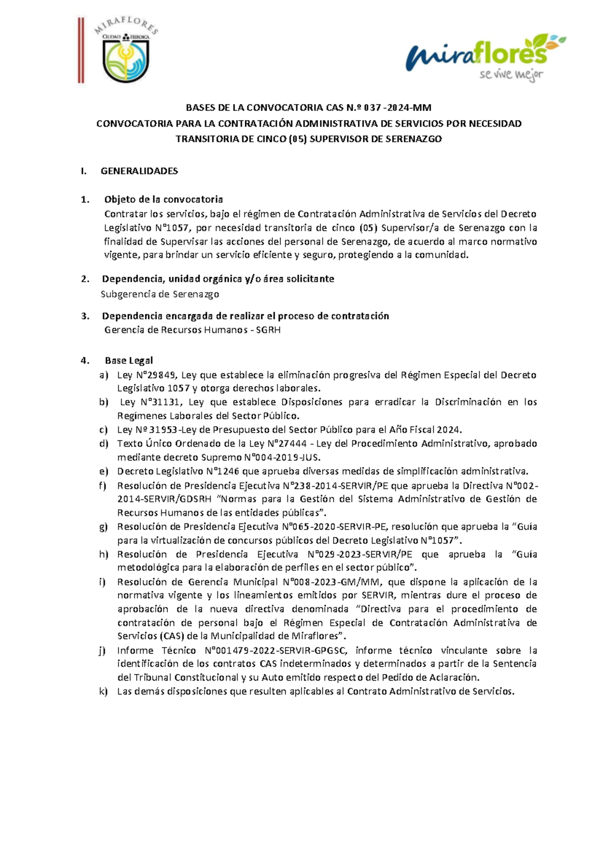 Bases CAS 037 2024 Supervisor de Serenazgo BASES DE LA CONVOCATORIA