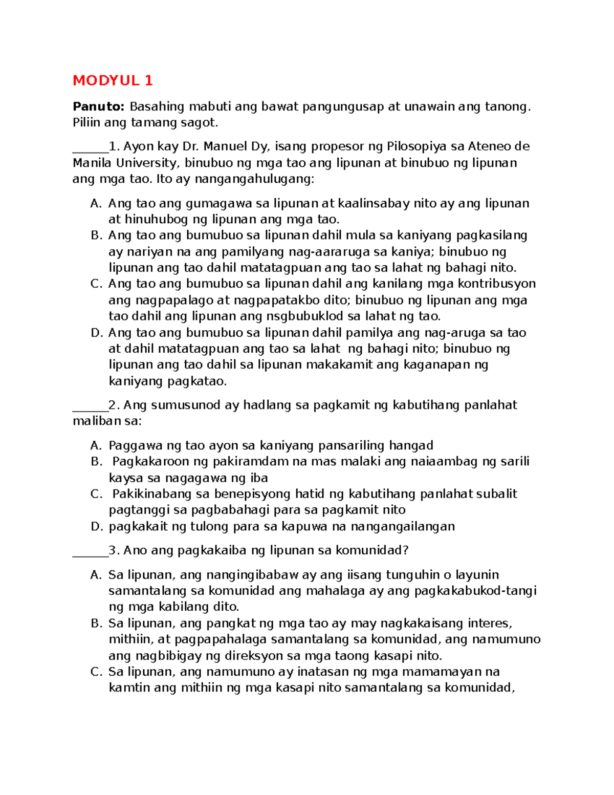 E.S.P Questionnaire- Modyul 1 - MODYUL 1 Panuto: Basahing mabuti ang ...