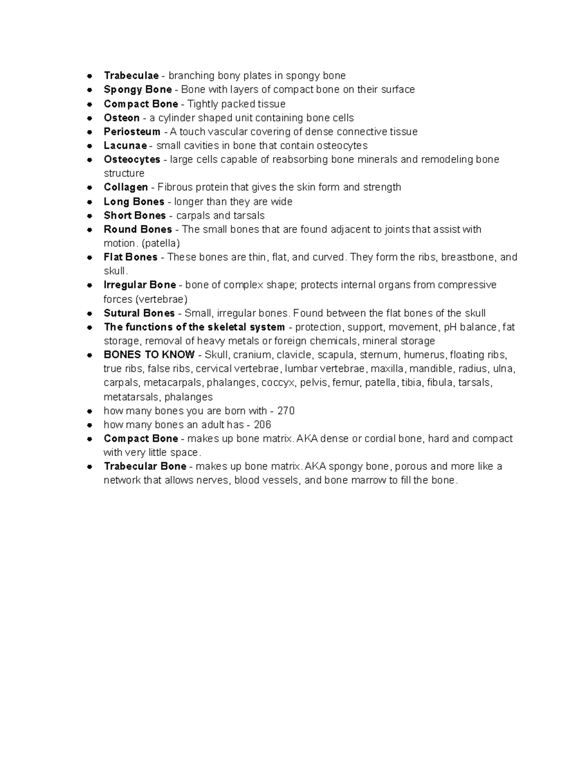 Human Biology 152 Bone Notes - Trabeculae - branching bony plates in ...