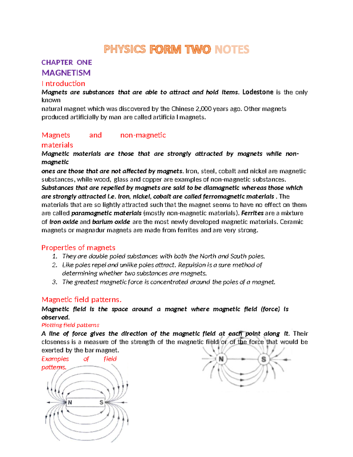 Physics FORM TWO Notes - CHAPTER ONE MAGNET I SM I ntroduction Magnets ...