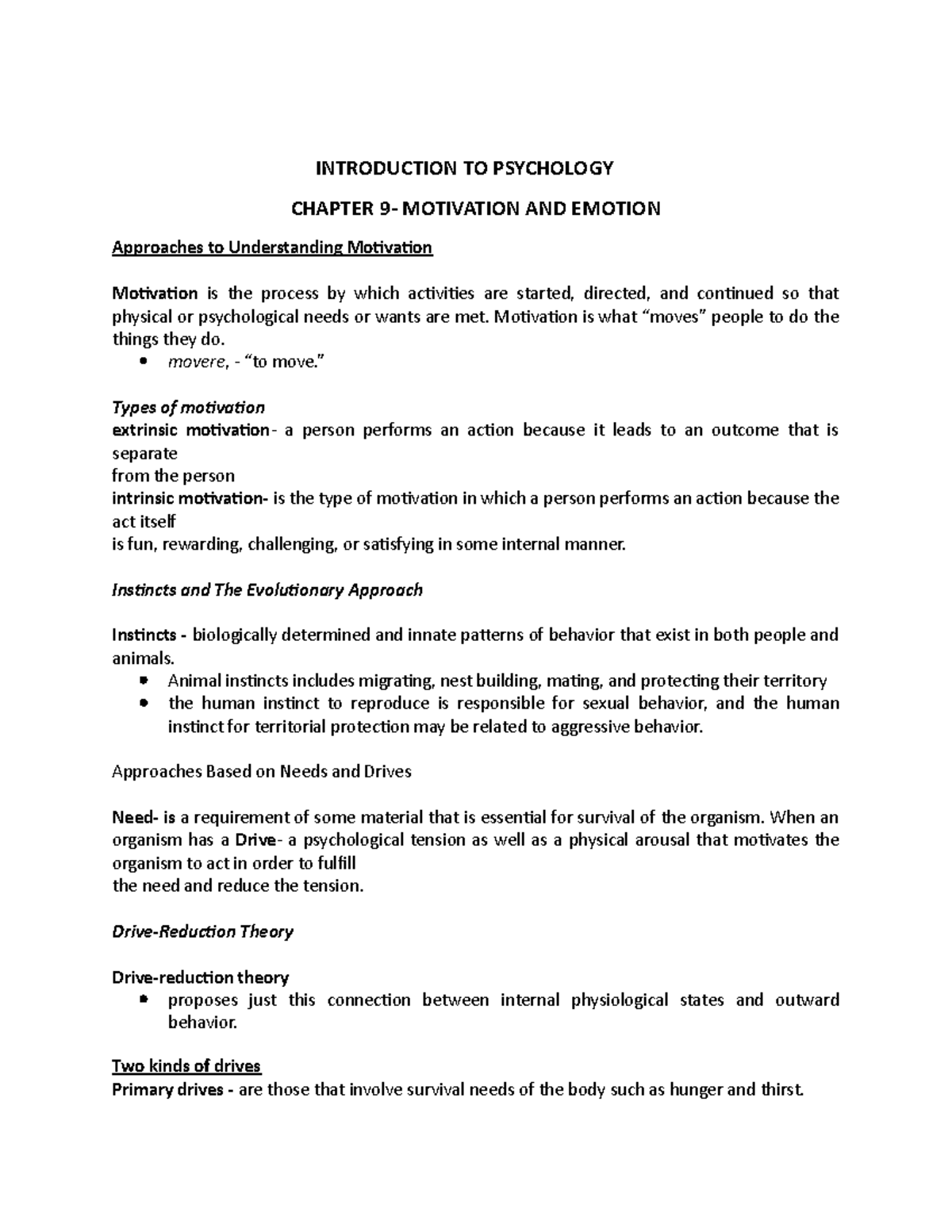Chapter 9 Summary - Lecture notes for test - INTRODUCTION TO PSYCHOLOGY ...