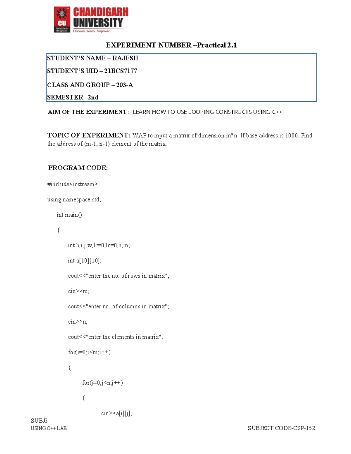 OOP C++ Worksheet 1 - EXPERIMENT NUMBER –Practical 2. STUDENT’S NAME ...